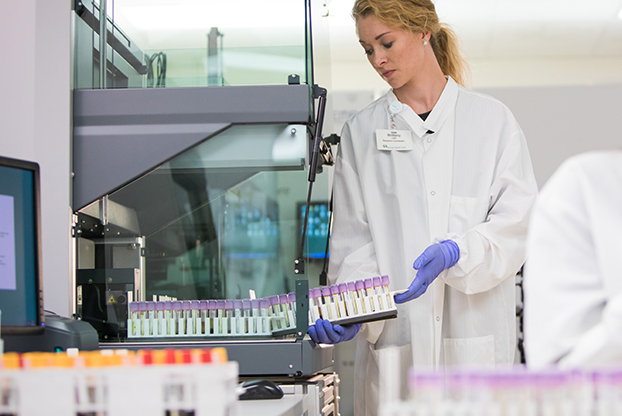 Individual with purple gloves in a lab